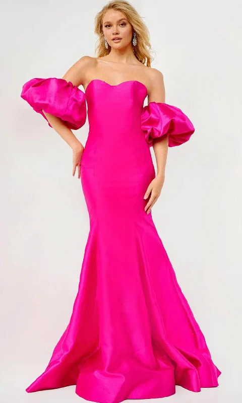 prom dress try-on ideasJovani 22830 - Puff Sleeve Satin Prom Dress