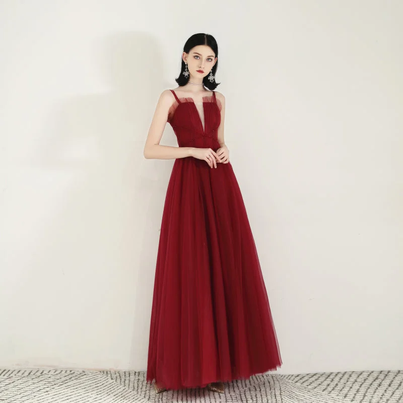 luxury prom dressesBurgundy tulle long prom dress  8168