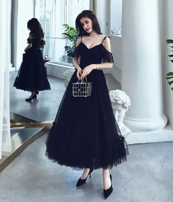 prom dresses with detachable sleevesBlack tulle tea length prom dress  8356