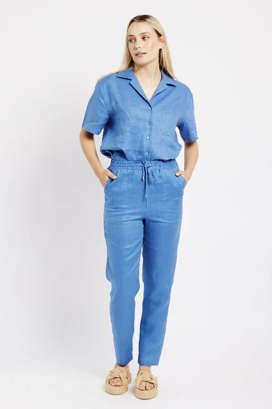 women's solid-color pantsThe Ultimate Tapered Leg Linen Pant in Blue