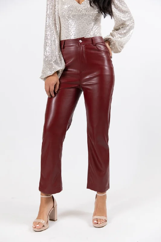 women's breathable pantsMemorable Nights Burgundy Wide Leg Faux Leather Pants