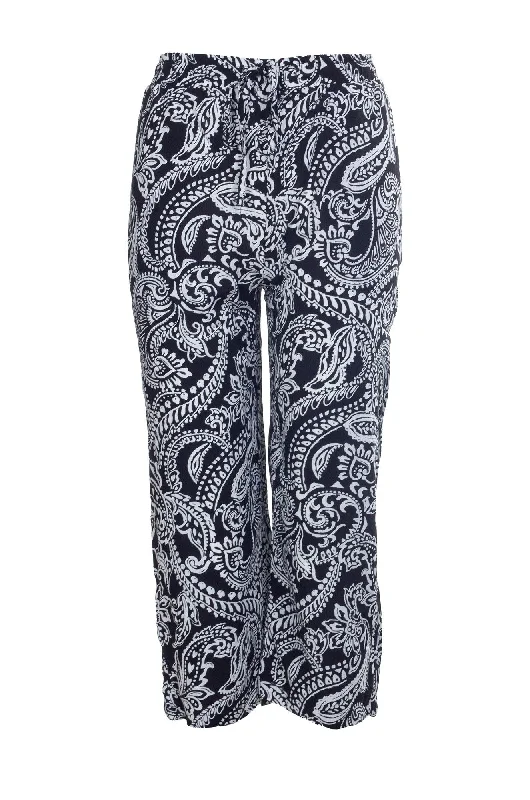 women's fall pantsPrinted Rayon Mid Calf Pants | BLACK WHITE PAISLEY | 7333A1