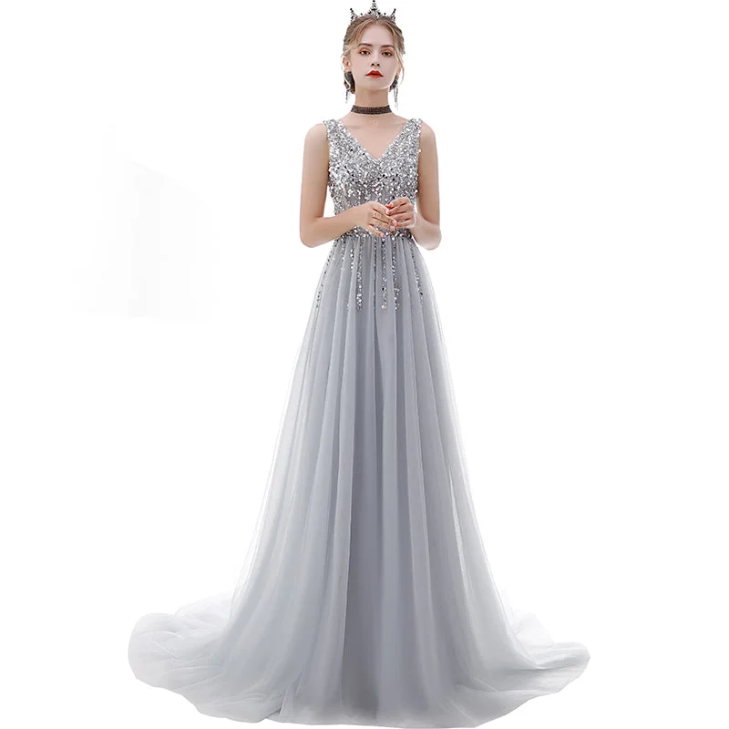 mermaid prom dressesGray v neck tulle beads long prom dress  8181