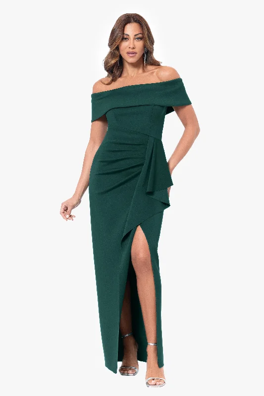 maxi dresses for formal events"Jenny" Long Scuba Off the Shoulder Rouched Dress