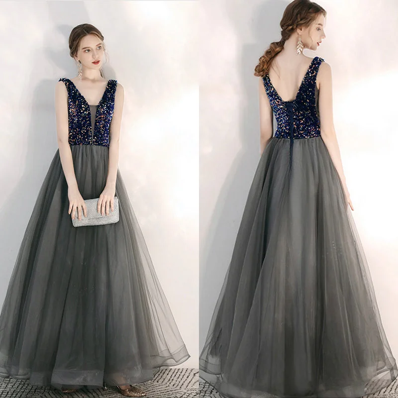 custom prom dressesGray v neck sequins long prom gown  8167