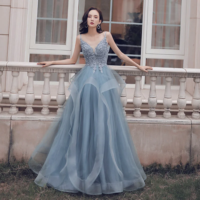 high-low prom dressesBlue v neck tulle lace long prom dress  8221