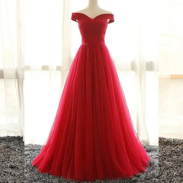 corset prom dressesRed v neck tulle long prom dress, red evenin gdress  7112