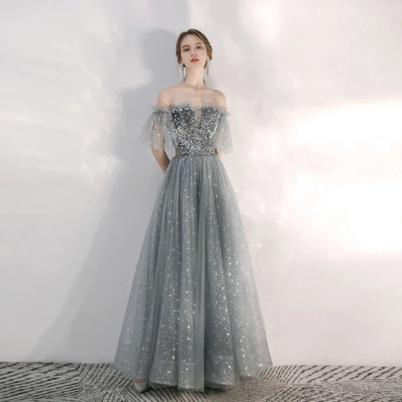 budget-friendly prom dressesGray tulle sequins long prom gown  8169