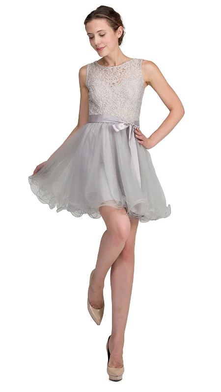 Sleeveless Dress With Asymmetric HemDancing Queen - 8741SC Sleeveless Lace Bodice Tulle A-line Dress