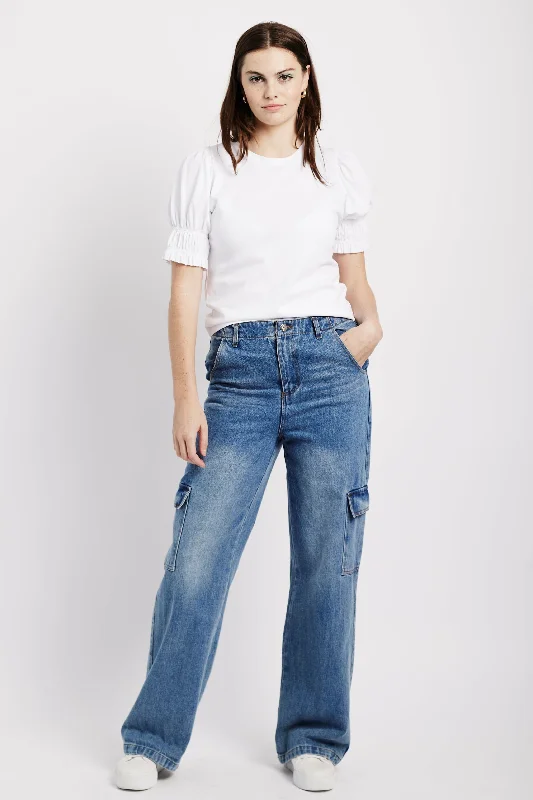 women's high-slung pantsWide Leg Cargo Jeans in Denim