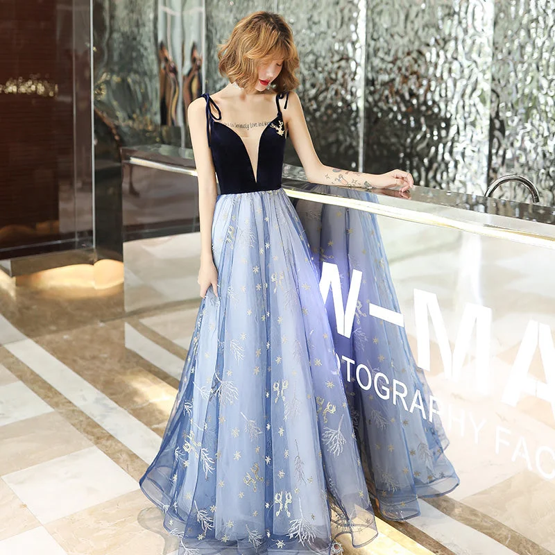 cap sleeve prom dressesBlue v neck tulle long prom dress  8194