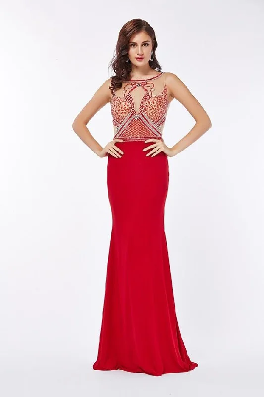 Sleeveless Dress With Lace-Up BackAngela & Alison - Sleeveless Hourglass Illusion Beaded Mermaid Dress - 1 pc Hot Red In Size 14 Available