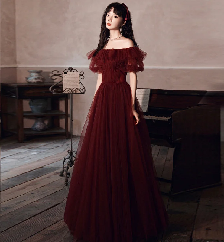 convertible prom dressesBurgundy tulle long prom gown formal dress  8435