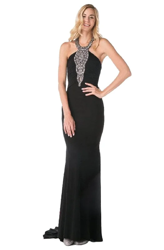 satin maxi dressesLadivine J727 - Beaded Halter Fitted Long Dress