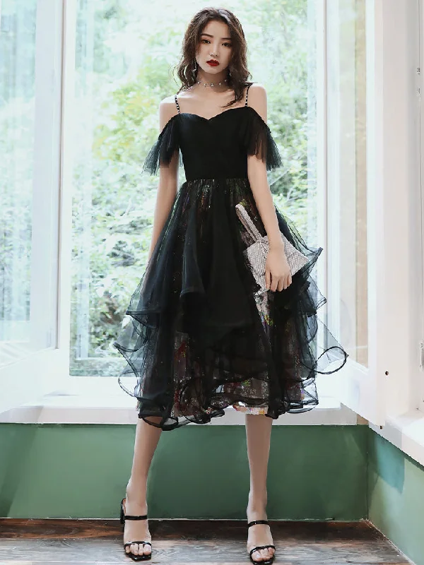 prom dresses with pocketsUnique design black tulle short prom dress  8358