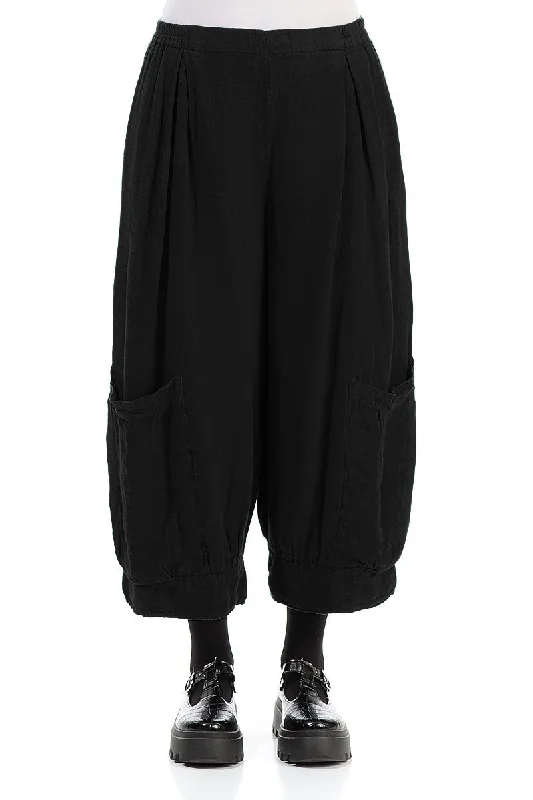 women's jogger pantsWide Cropped Black Gauze Linen Trousers