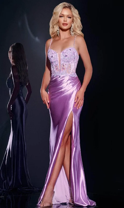 high-low prom dressesJovani 43569 - Plunging V-Neck Satin Prom Gown