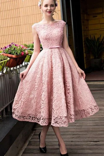 off-shoulder prom dressesA-Line Bateau Lace Pearls Tea-Length Prom Dress