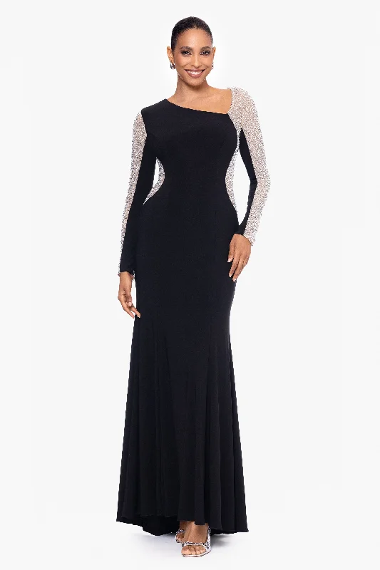 maxi dresses with high necklines"Anja" Long Jersey Knit Asymmetric Caviar Beaded Dress