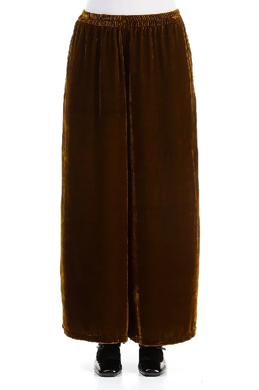 women's high-performance pantsWide Loose Golden Olive Silk Velvet Trousers