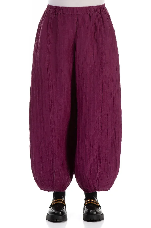 women's wide-leg pantsTaper Magenta Crinkled Silk Linen Trousers