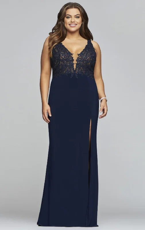 Sleeveless Dress With A-Line CutFaviana - 9463SC Sleeveless V Neck Lace Bodice High Slit Jersey Dress