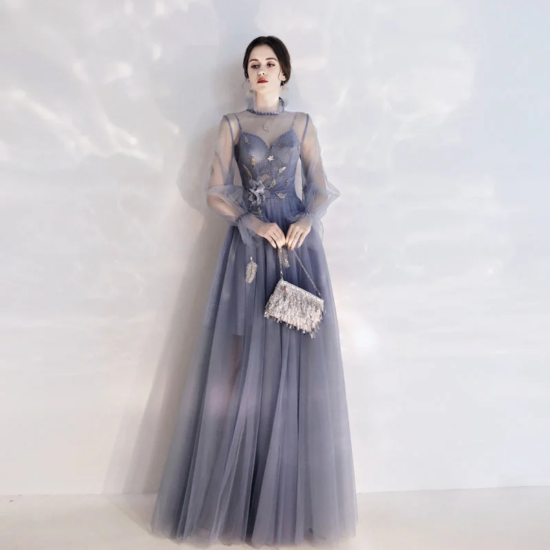 metallic prom dressesCute tulle long sleeve prom dress  8164