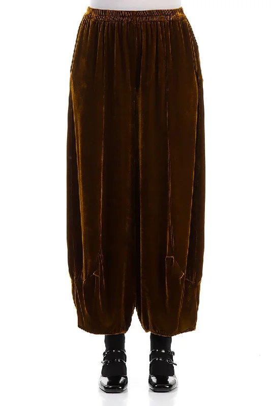 women's stretch pantsLoose Golden Olive Silk Velvet Trousers