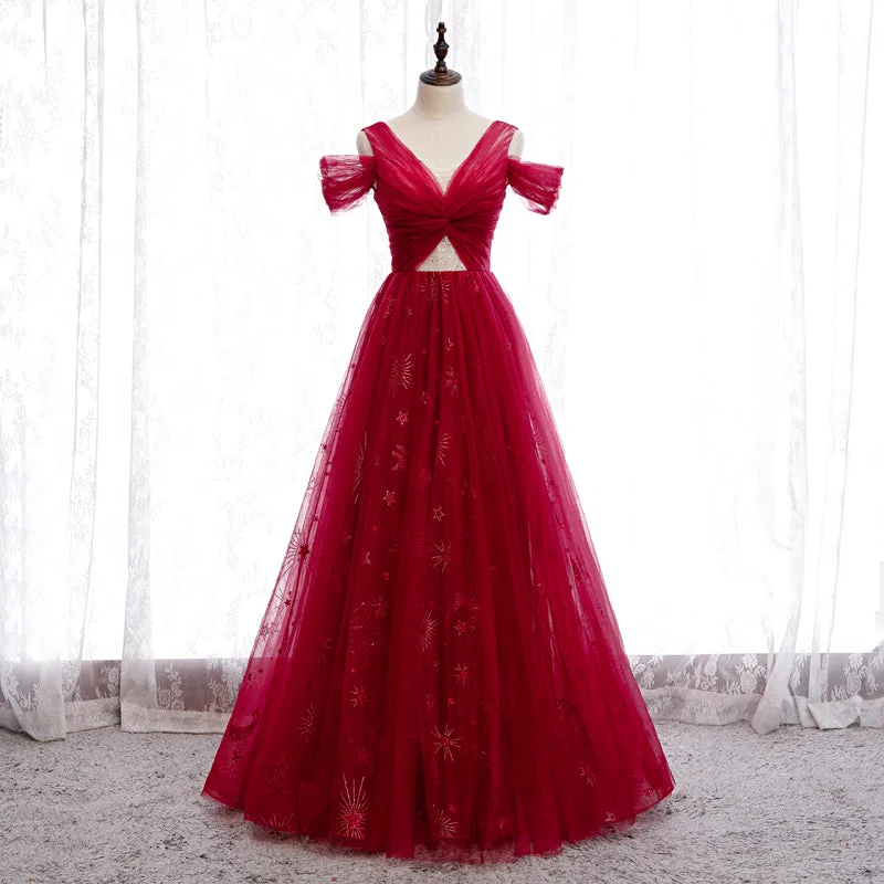 classic prom dressesBurgundy tulle beads long prom dress  8260