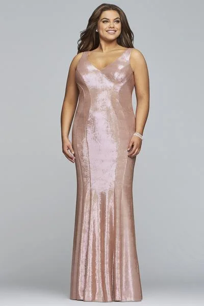 Sleeveless Dress In SatinFaviana - Sleeveless Metallic Jersey V-neck Sheath Dress 9453 - 1 pc Platinum In Size 14W Available