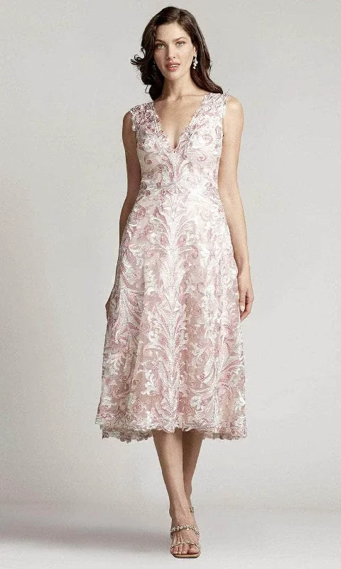 Sleeveless Dress With Lace-Up BackTadashi Shoji BUE22195MD - Sleeveless Deep V-neck Tea Length Dress