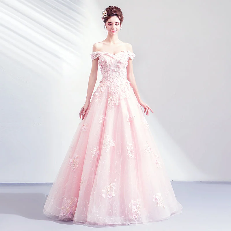 modern prom dressesPink tulle lace long prom gown formal dress  8259