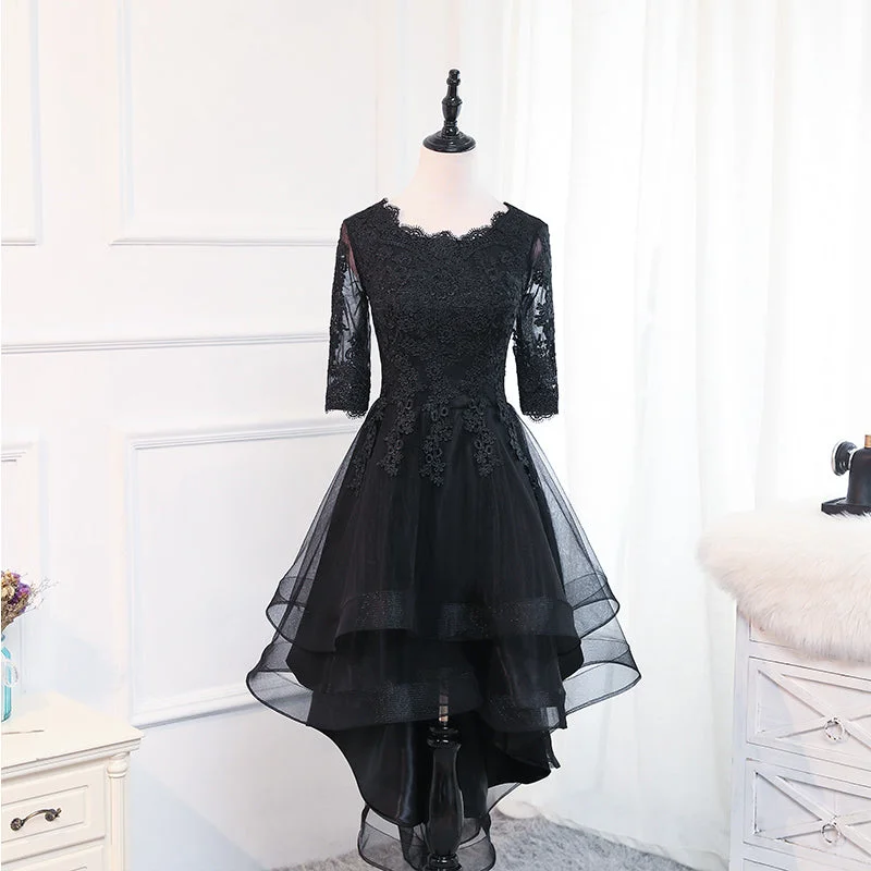 backless prom dressesBlack lace tulle short prom dress, homecoming dress  8033