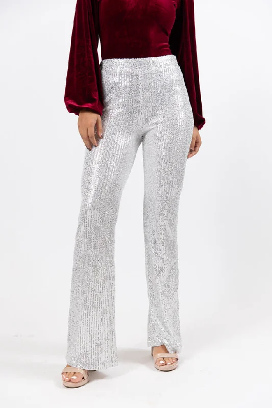 women's cool pantsQueen of Hearts Silver Sequin Flare Pants SALE