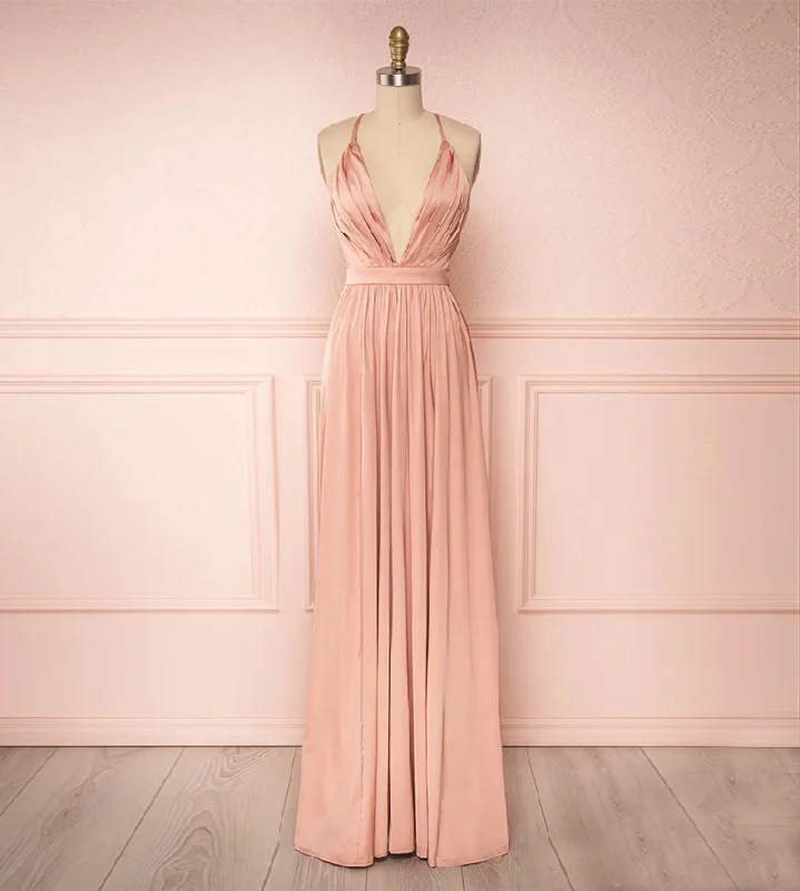 empire waist prom dressesPink v neck satin long prom dress  8176