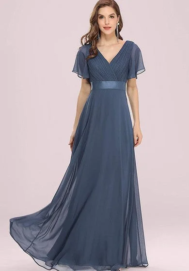 high-slit prom dressesElegant Chiffon V-neck A Line Short Sleeve Prom Mother Dress With Ruffles