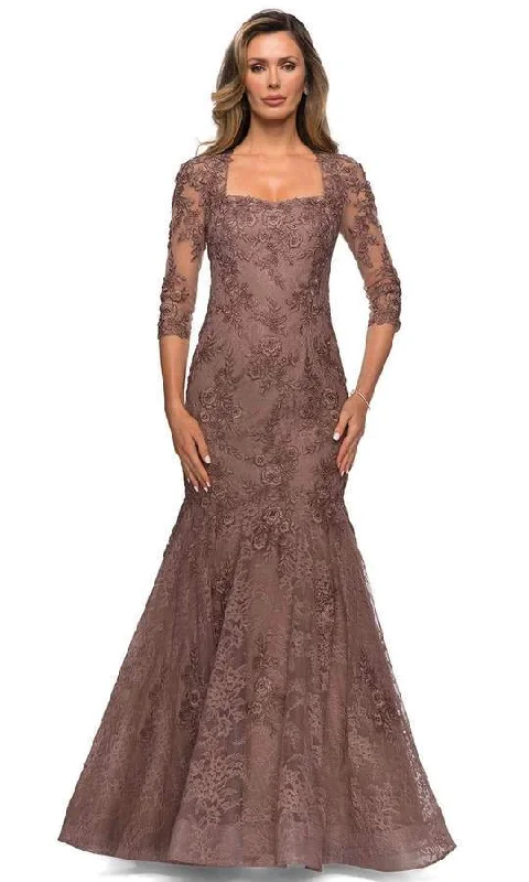 maxi dresses with high necklinesLa Femme - Lace Three-Quarter Sleeves Fit And Flare Long Dress 28033SC