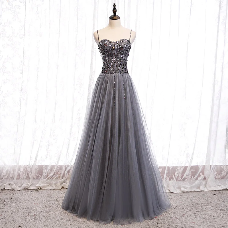 geometric print prom dressesGray tulle sequins long prom dress  8158