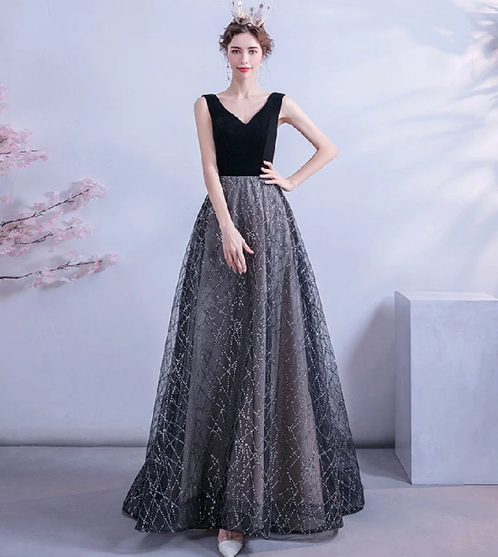 two-piece prom dressesBlack velvet sequins long prom dress formal dress  8450