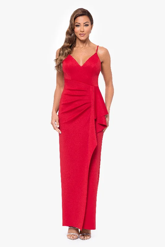 maxi dresses for casual Fridays"Tabitha" Long Scuba Crepe Spaghetti Strap Side Ruffle Dress