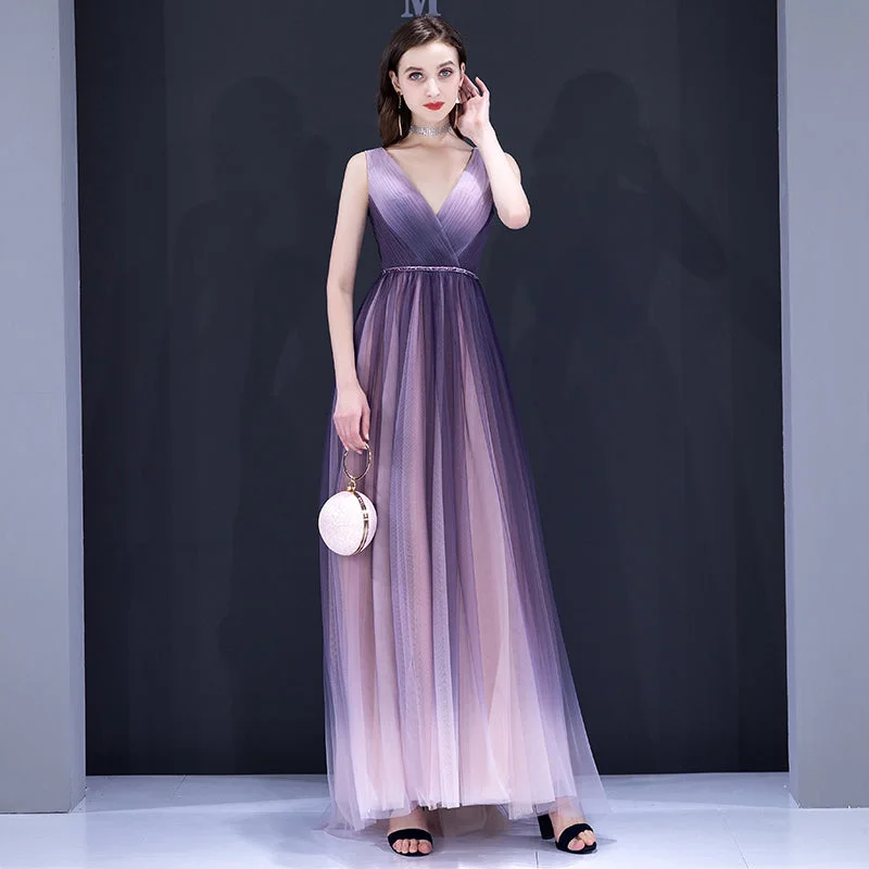 illusion sleeve prom dressesPurple v neck tulle long prom dress  8199