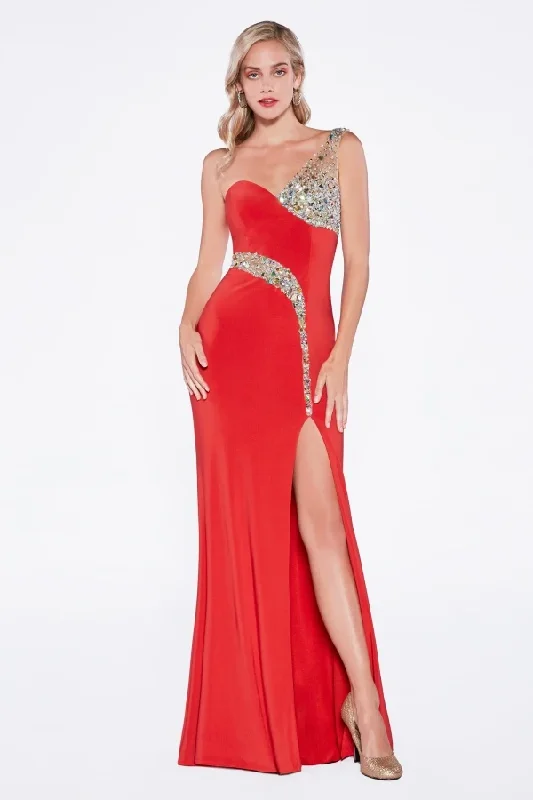 Sleeveless Dress With Halter NeckCinderella Divine - Rhinestone Embellished Sleeveless Fitted Dress 7654