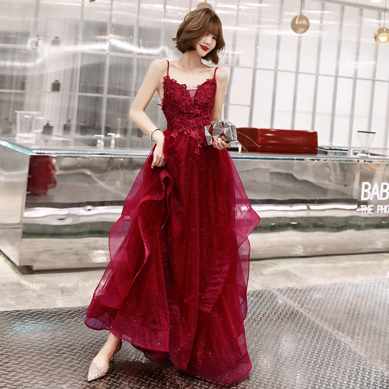 off-the-shoulder prom dressesBurgundy lace tulle long A line prom dress  8220