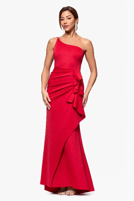 maxi dresses with cap sleevesPetite "Daniella" Long One Shoulder Scuba Crepe Ruffle Dress