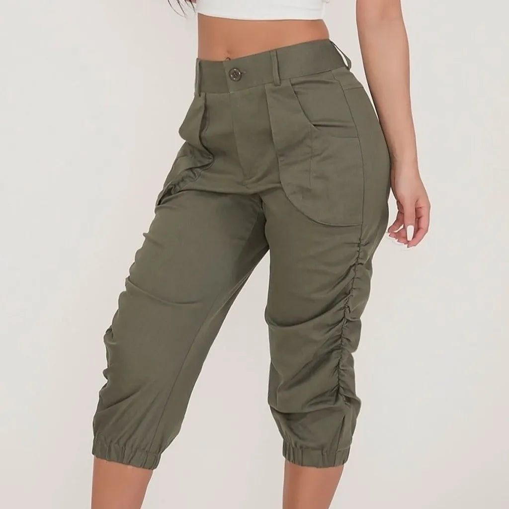 women's leather pantsWomen's Relaxed Fit Ruched 3/4 Fashion Designer Cargo High Waist Pants