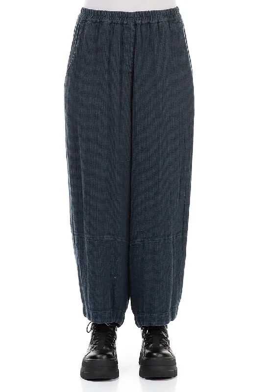 women's patterned pantsLoose Midnight Blue Textured Linen Trousers