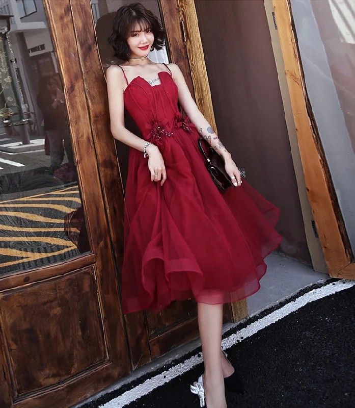 open-back prom dressesBurgundy tulle short prom dress cocktail dress  8410