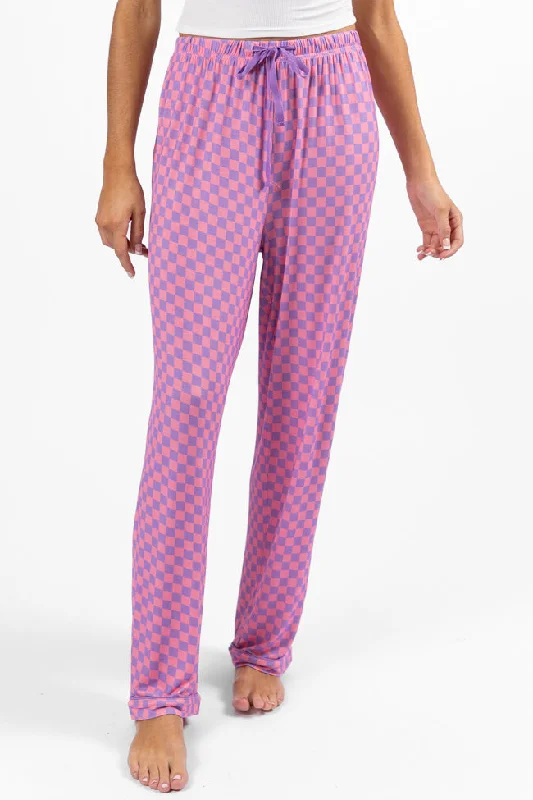 women's cropped pantsGood To Get Away Light Pink and Lilac Checkered Pajama Pants