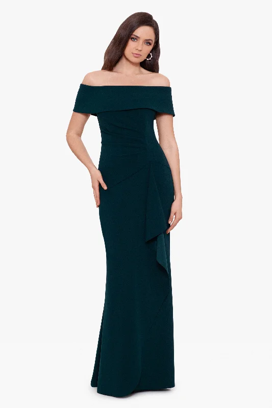 maxi dresses with off-the-shoulder necks"Lindsay" Long Scuba Crepe Off the Shoulder Dress