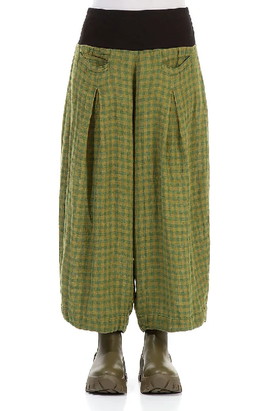 women's trendy pantsLoose Green Check Linen Trousers